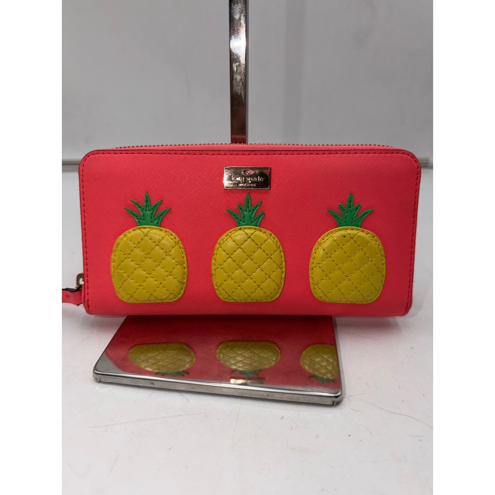 Kate Spade New York Pineapple Applique Zip Around Wallet Pink Saffiano Leather